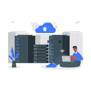 Man with computer connecting to server