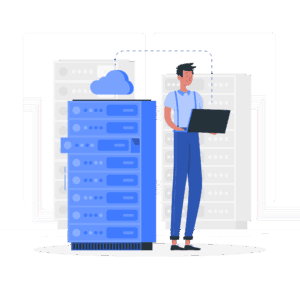 Man with computer storing data into cloud server