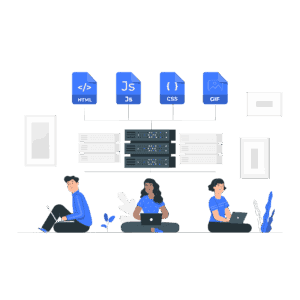 People with computers working on server