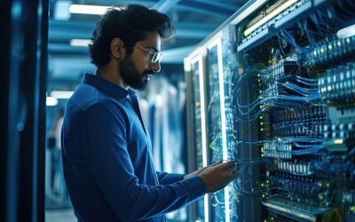 man working data center, fixing the servers and checking the updates for Database Archiving