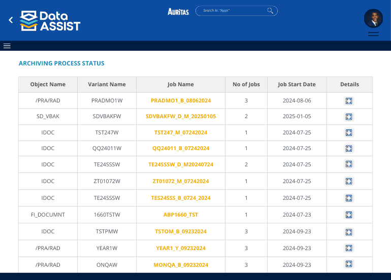 Data Assist - Archiving Process Status - SAP Data Archiving